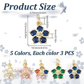 DELORIGIN 15PCS Cubic Zirconia Flower Charms Gold Plated Floral Metal Pendants Bling Birtnstone Petal Charms with Jump O Rings for Jewelry Making DIY Pendants Necklaces Earrings Crafts, Cubic Zirconia