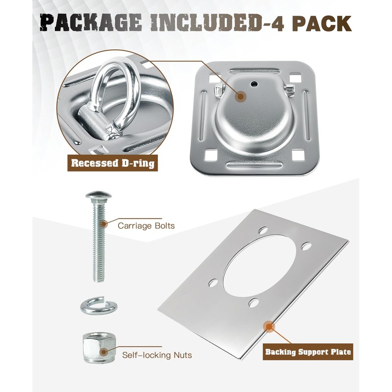 Recessed D Ring Tie Down Anchors 4 Pack (6,000 Lbs),