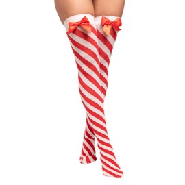 Pin Up Doll, Silicone Stay Up Stockings, Women's Stay Up Stockings, Red and White, Sewn On Bow, Peppermint Christmas Socks