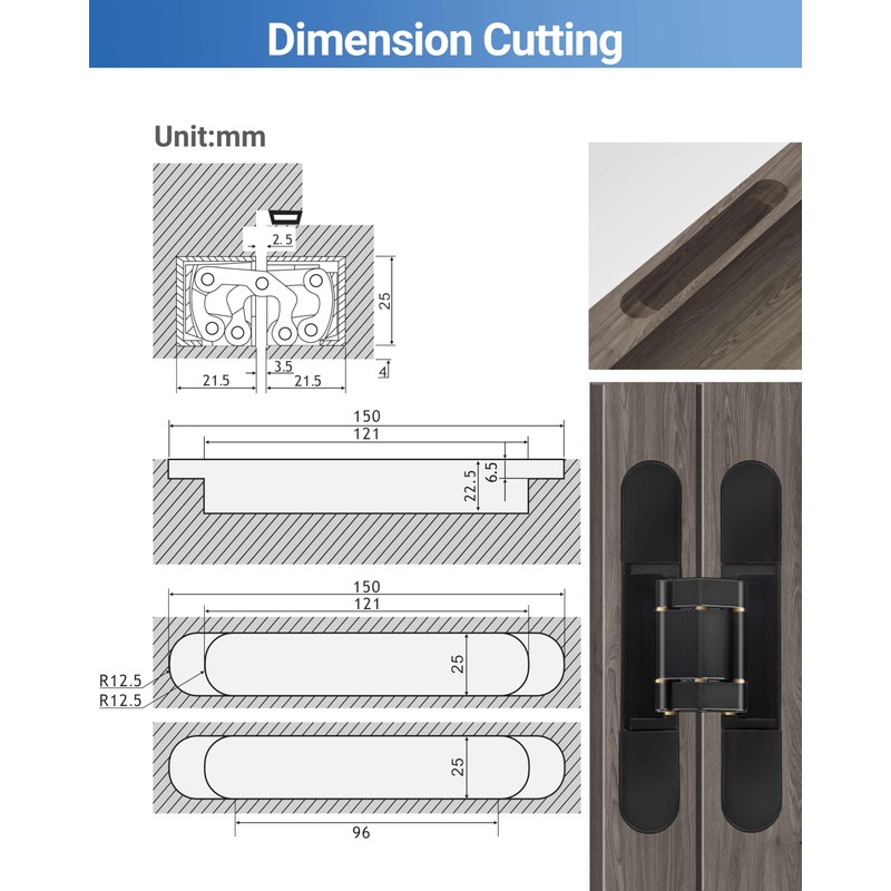 Upgraded Invisible Door Hinges (2 pcs) -6 Inch Black Hidden