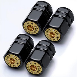 Tire Valve Stem Caps Black 12 Gauge Bullet Car Accessories 4-Pack - Aluminum Alloy Rust-Proof Universal Dust Covers Tire Air Cap for Car, SUV, Bike, Motorcycle Bullet Gifts for Men Father