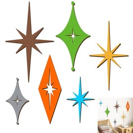6 Pcs Wooden Star Wall Decor Colorful Starburst Walls Art Mid Century Modern Wall Decorations Atomic Stars Decals Rustic Indoor Outdoor Art Hangings Plaque for Living Room Bedroom Office Home Accents