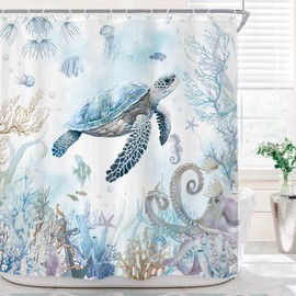 Riyidecor Sea Turtle Octopus Shower Curtain for Bathroom Decor 72Wx72H Kids Teal Blue Ocean Jellyfish Underwater Coastal Animal Nautical Art Printed Fabric Polyester Waterproof 12 Pack Plastic Hooks