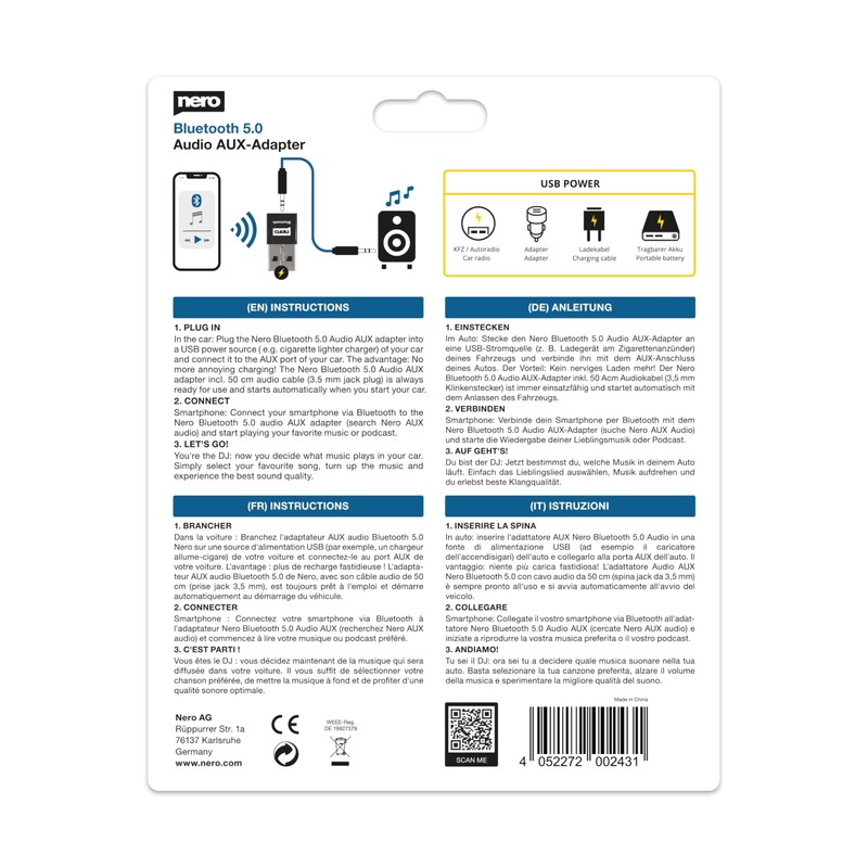 Nero Bluetooth 5.0 Audio AUX Adapter (for Car/Car/HiFi System etc.)