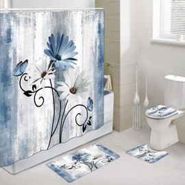 VeiVian Rustic Farmhouse Shower Curtain Sets with Rugs, Farm Daisy Floral Flowers Butterfly Country Wooden Bathroom Curtain 70"X70" with Bath Mats, Toilet Lid Cover and Non-Slip Rug (Blue)