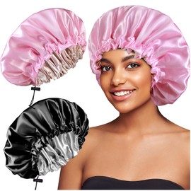 2pcs Reversible Large Satin Bonnet for Sleeping, Adjustable Drawstring Silky Bonnet for Women Braids Curly Hair, A
