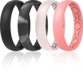 ThunderFit - Alianza de boda de silicona para mujer, transpirable, con ranuras de aireación, 4 mm de ancho, 1.5 mm de grosor, 12 anillos/8 anillos/4 anillos/1 anillo, Negro, mármol, rosa claro, rojo claro., 8.5 - 9 (18.9mm)