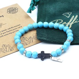Raffici Turquoise-Inspired Beaded Bracelet for Men & Women – Black Agate Cross – Stretch Elastic Adjustable 17-21 cm – Unisex Gift Jewelry with Velvet Pouch