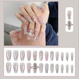Square Press on Nails Long Fake Nails Glue on Nails,24 Pcs French Tip Square Press on Nails with Rhinestones&Peal&Glitter Snake.Squoval Manicure Artificial False Nails (Snake silver, L)