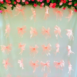 YMASELA Pink Bow Hanging Garlands (6.6ft X4strings) Sheer Chiffon Ribbon Bowknot Hanging Decorations Party Streamers for Wedding Bridal Shower, Girl Bow Theme Bachelorette Party Baby Shower Supplies