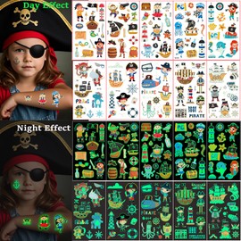 Children's Tattoo, 10 Sheets Luminous Pirate Captain, Temporary Tattoos Stickers for Girls, Boys, Glow in the Dark, Waterproof Children's Tattoos, Birthday Gifts, Children's Birthday Party Bags