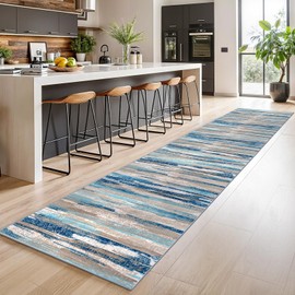Lansny Modern Abstract Runner Rug 2.6x14, Blue Washable Long Kitchen Runner Non-Slip Soft Hallway Rug Runner Thin Print Faux Wool Carpet for Entryway Bedroom Laundry Room Indoor Home Decor