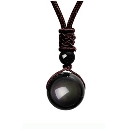 Jovivi 16mm Natural Black Obsidian Rainbow Eyes Stone Lucky Blessing Chakra Beads Pendant Necklace with Adjustable Braided Rope Cord