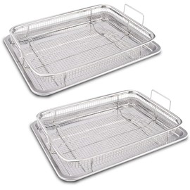 Voittozege 2 Set Air Fryer Basket for Oven, 15.5x11.5 Inch Stainless Steel Non-stick Mesh Basket Set, Air Fryer Accessories Oven Rack and Crisper Tray, Roasting Broiler Pan for Fries, Bacon, Chicken