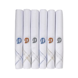 Caruso Italy Men's Initial Monogram Embroidery 100% Pure Cotton Handkerchief White Base With Colored Border - Pack Of 6, D, 46