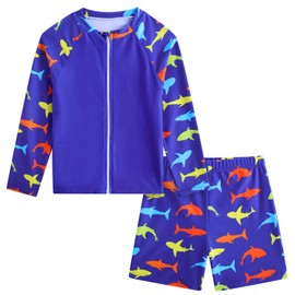 5T Boys Rash Guard Long Sleeve 4T Kid Swimsuit Toddler Swim Set with Short Sun Protection 2-Pieces Shark Zip Bathing Suits Blue 4-5 Years,Water Sport