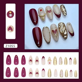 PODUOJIEYI 24Pcs Red French Tip Press On Nails Medium Almond Shape Acrylic False Nails with Pearl Star Rhinestones Charm Design 3D Gold Ripple Finish Glue On Nails for Women