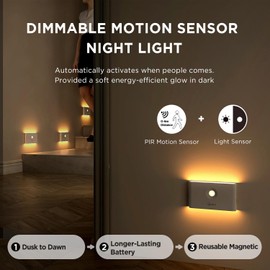 Midea 2 Pack Rechargeable Night Lights with Motion Sensor/Dusk to Dawn Sensor, Batteries Operated Night Light for Bedroom/Bathroom/Kitchen/Hallway,Cordless Design with Magnetic