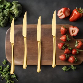 ZECNG Gold Serrated Steak Knives Set of 6, 9.4 inches Stainless Steel Thick Handle Steak Knife, Heavy Duty Table Knife for Kitchen or Restaurant, Dishwasher Safe