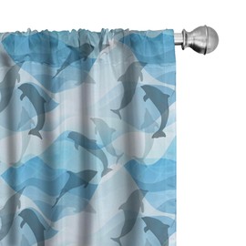 Ambesonne Cortinas de ventana de animales marinos, silueta de patrón de pez delfín bajo las olas del mar en diseño contemporáneo, juego de 2 paneles con bolsillo para barra, par de 28 x 84 pulgadas, azul gris