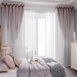 ENJOYBRIDAL Ombre Curtains Living Room 84 Inches Long Blackout Bedroom 2 Panels Pink Blue Girls Kids Star Cutout Double Layer Voile Overlay Room Darkening Thermal Grommet Aesthetic Window Drapes