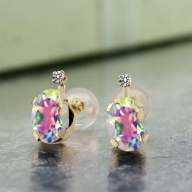 Gem Stone King 14K Yellow Gold Mercury Mist Mystic Topaz and White Diamond Earrings For Women (1.91 Cttw, Gemstone Birthstone, Oval 7X5MM)