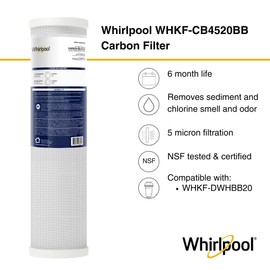 Whirlpool 20" x 4.5" CTO Whole House Carbon Block Filter WHKF-CB4520BB, NSF Certified 5 Micron Filtration, 6-Month Life, Replacement Cartridge Fits Most 20-Inch Home Water Filter Housings