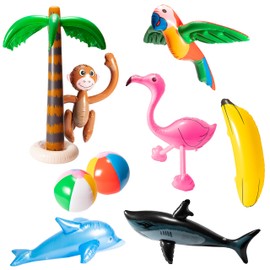R HORSE 10 Pcs Inflatable Palm Tree Flamingo Banana Beach Ball Parrot Beach Pool Toys for Tropical Hawaiian Luau Summer Party Decorations