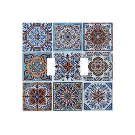 Tile Blue Talavera Mexican 2 Gang Double Toggle Light Switch Cover Decorative Wall Plate Electrical Switchplates Faceplate Mexican Talavera Tiles Country Farmhouse Bathroom Home Living Room Decor