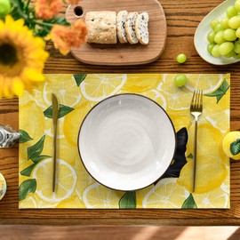 Artoid Mode Lemon Cat Summer Placemats Set of 4, 12x18 Inch Seasonal Spring Holiday Table Mats for Party Kitchen Dining Decoration
