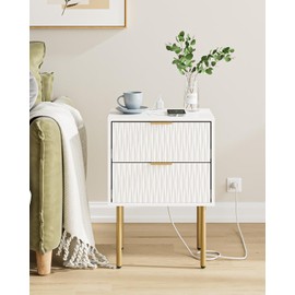 Aienvey Night Stand Charging Station, Modern Bedside Table with Storage 2 Drawer and Open Wood Shelf, Night Stand, End Table for Bedroom, Living Room, White
