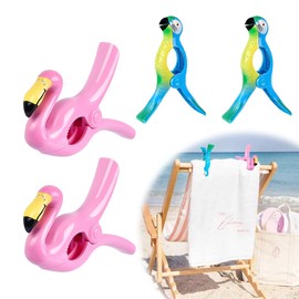 Udbrud Beach Towel Clips, Pack of 4 Clothes Pegs, Beach Towel Clips, Beach Loungers, Towel Clips, Windproof Plastic Clips, Beach Slipper Clips for Beach Loungers, Laundry, Bath Towel (Flamingos)
