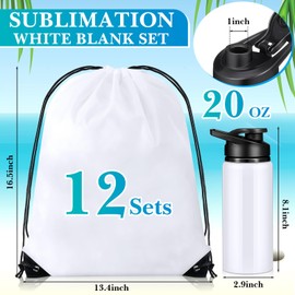 Blushtier 12 Set 20 oz Sublimation Aluminum Water Bottle and Sublimation Drawstring Bags Blank White Sublimation Sport Water Bottle with Drawstring Backpack for DIY Craft Travel Camping Hiking Gym