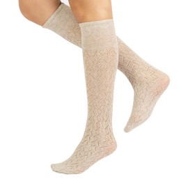 CALZITALY Women Knitted Crochet Knee-High Socks with Ribbed or Chevron Pattern | Black, Blue, Bordeaux, Grey, Brown, Beige | Made in Italy (Chevron - Beige, One Size)