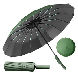 LENDOO Umbrella, stormproof, compact folding umbrella, stormproof, automatic, large pocket umbrella with 16 ribs, 210T Teflon coating, windproof, anti-UV parasol, Green