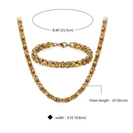 Oidea Byzantine Chain, Gold, Men's Necklace / Bracelet Set of 2, Vintage Biker, Stainless Steel Chains, 61 cm, Bracelet 21.5 cm, Stainless Steel, Gold