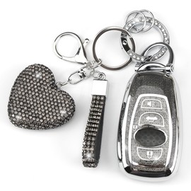YIKECASE Key Fob Cover with Diamond Keychain Car Key Holder Compatible with Subaru Forester Outback BRZ Legacy CrossTrek Smart Remote Key Protector for Women, 4 Buttons (Black-Heart)