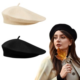 XNIVUIS Pack of 2 Berets, Classic Plain French Style Beret, Women's Beret, Classic Artist Barrett, Winter Hat, Beret, One Size (Black, White)