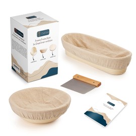 Chefstair Proofing Basket + Recipes - The Ideal Proofing Basket for Bread Baking Made of Natural Rattan - No Chemicals (Round, Diameter 25 cm, Oval, 30 x 15 cm) - with Natural Linen Insert and Dough