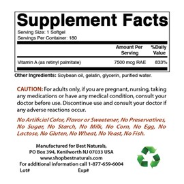 Best Naturals Vitamin A 25000 IU (7500 mcg), Non-GMO Formula Supports Healthy Vision & Immune System and Healthy Growth & Reproduction, 180 Softgels (180 Count (Pack of 1))