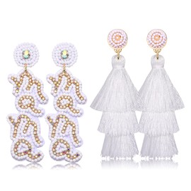 NLCAC 2 Pairs MAMA Earrings Beaded Rhinestone mama Dangling Earrings Bohemian Tiered Tassel Earrings Mom Jewelry Birthday Mothers Day Gifts for Her (White)