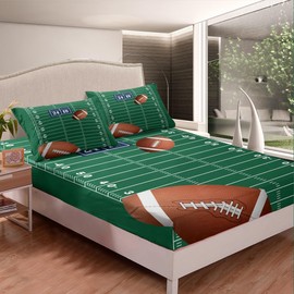 Football Fitted Sheet Full Size Kids Rugby Bedding Set for Boys Girls Teens American Football Bed Sheet Set Breathable Sports Theme Green Bed Cover Deep Pocket Room Decor