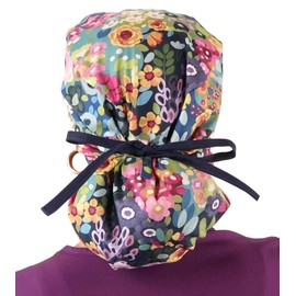 Sparkling EARTH Morning Meadow with Navy Ties (Flowers) - Big Hair Ponytail Cotton Surgical Style Scrub Working Cap - Made in USA!