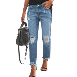 Sidefeel Sidefeel Women's Boyfriend Jeans Loose Zimbaplatinum Stretchy Ripped Distressed Denim Pants Size 12 Sky Blue