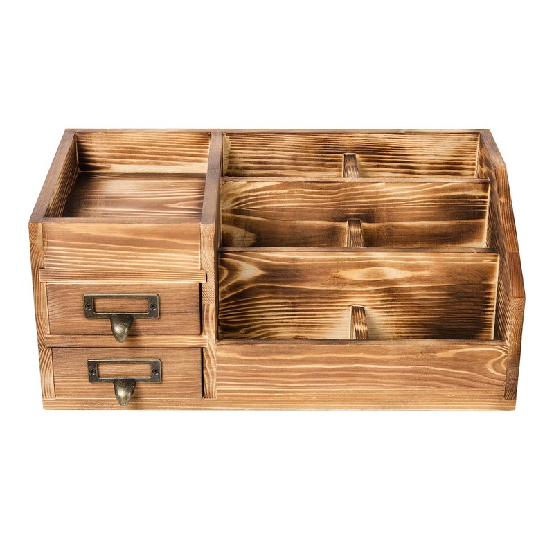 Liry Products Rustic Wooden Desktop Organizer Office Supplies Brown Tabletop