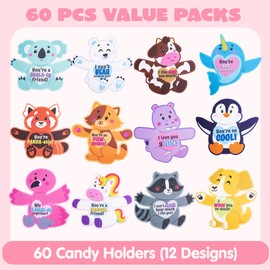 JOYIN 60 Pcs Valentines Day Candy Holder Cards with Animal Designs, Valentine’s Cute Greeting Cards for Kids, Valentine Classroom Exchange Gifts, Party Favors (Zoo Animals)