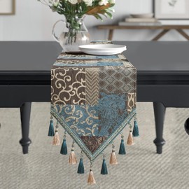 Loom and Mill Luxury Table Runner 90 Inches Long, Patchwork Chenille Damask Jacquard Dining Table Runners with Multi-Tassels for Dining Room Dresser Party Holiday Banquet Decorations (Blue,13*90 inch)