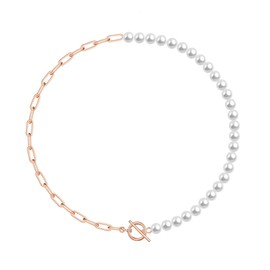 MJartoria Pearl Choker Necklace, 14K Gold Plated Paperclip Chain Necklace for Women, Toggle Clasp, Dainty Half Pearl Half Chain Necklace Trendy Jewelry Birthday Gifts