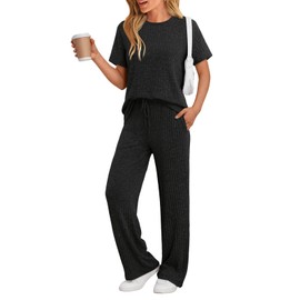 LILLUSORY 2 Piece Lounge Sets for Women Summer Vacation Outfits Matching Casual Wide Leg Pants Sets Ribbed Knit Pajamas 2025 Black M