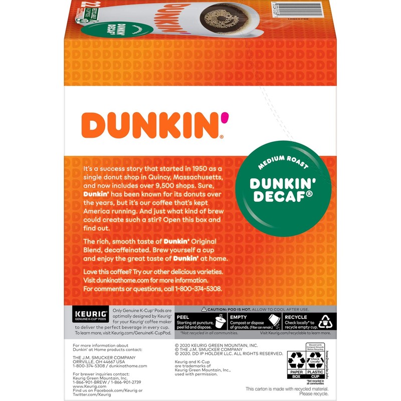 Dunkin' Decaf Medium Roast Coffee, 22 K Cups for Keurig